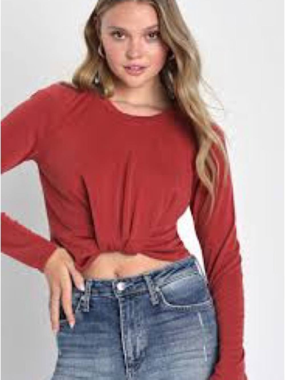 Lulu's Rust Twist-Front Long Sleeve Crop Top